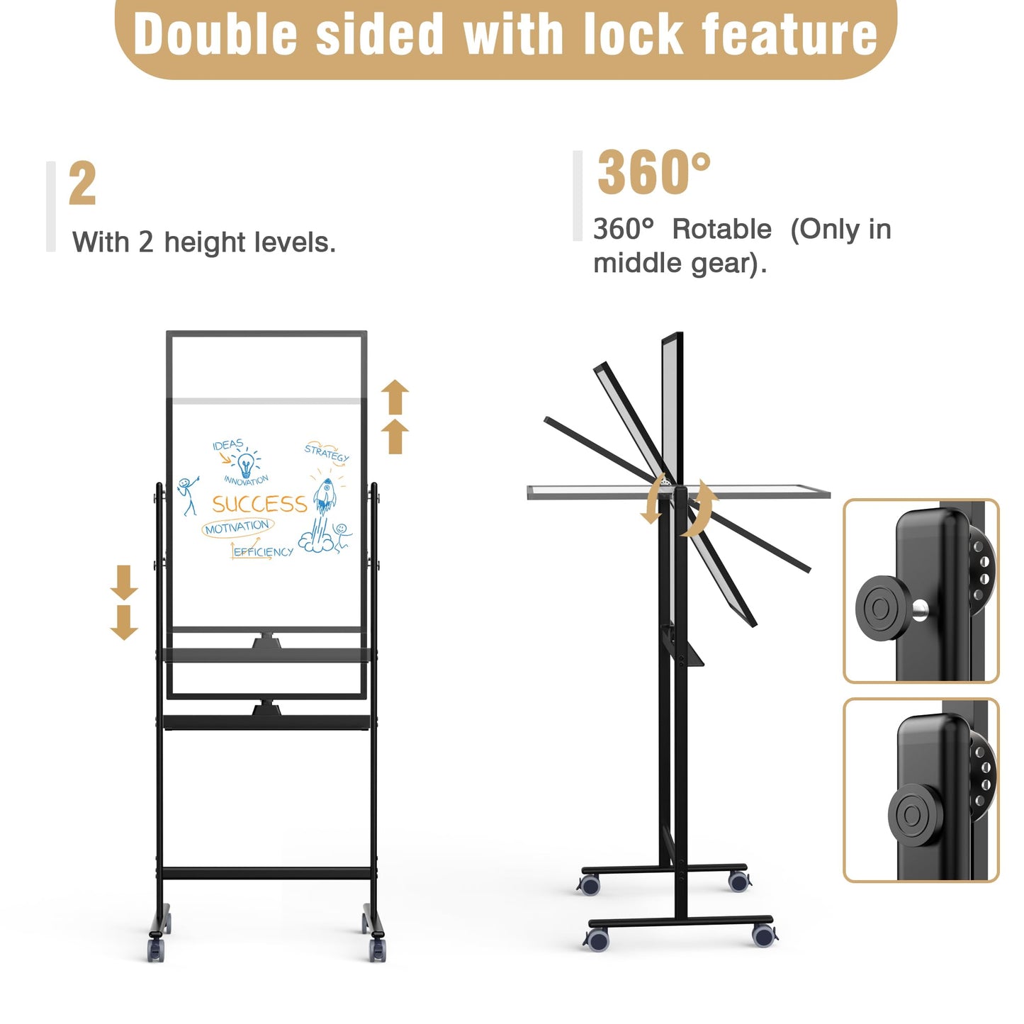Rolling Whiteboard/w Height Adjustable, Mifuro 24 X 36 Large Portable Dry Erase Board with Stand and Wheels for Office,Classroom &School, Black