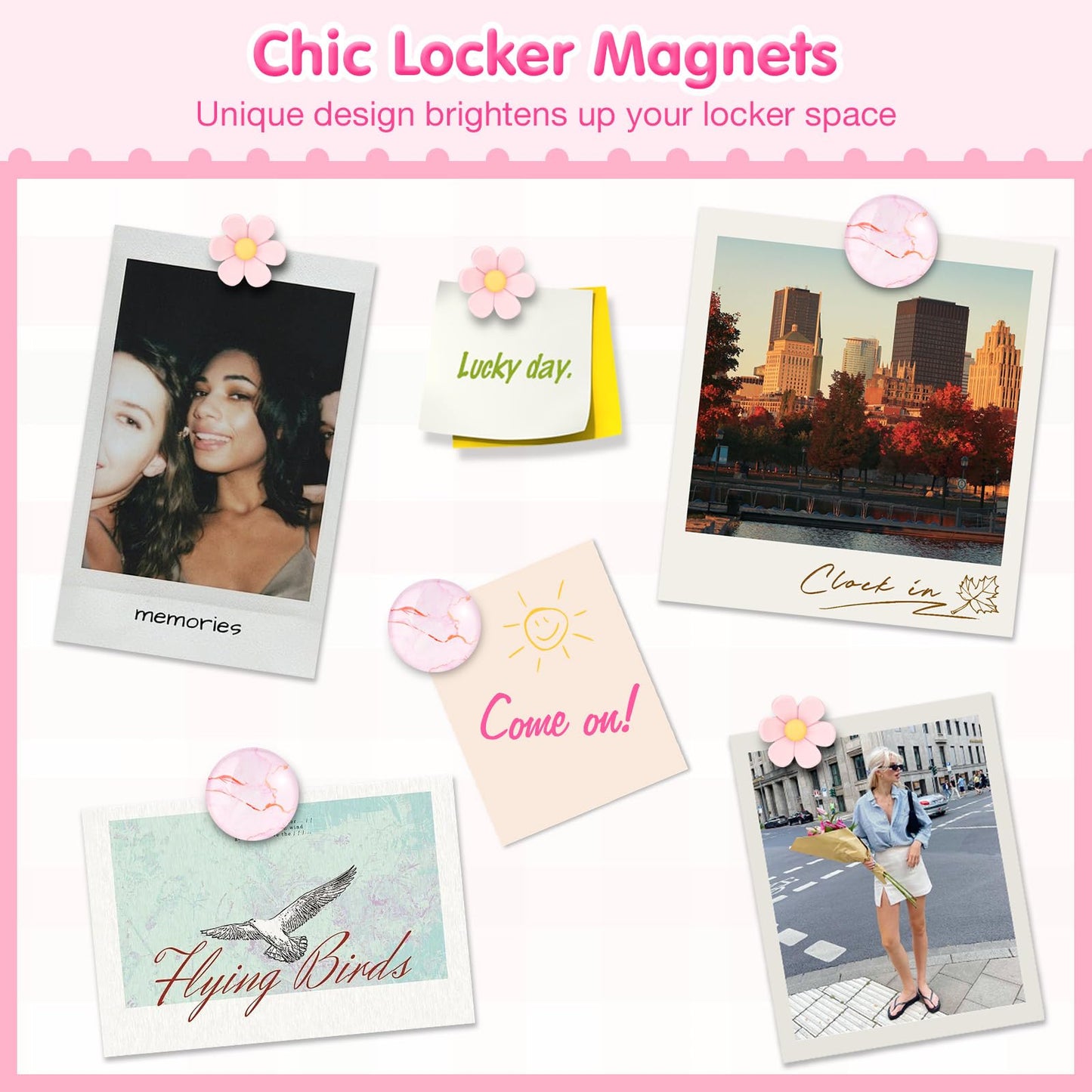 MoKo Locker Accessories Set, 15PCS Back to School Supplies Includes Magnetic Mirror, Whiteboard, Markers, Pen Holder, Magnets, Locker Organizer for School Office (Pink)