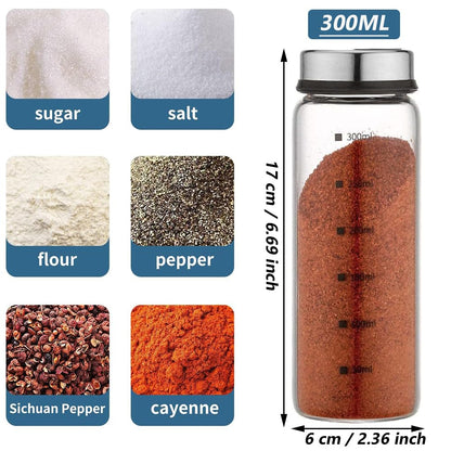 2 Pack 300ml Salt and Pepper Shakers, Salt Shaker with Adjustable Pour Holes, Spice Shaker, Glass Seasoning Shaker with Stainless Steel Lid, Spice Container for Kitchen