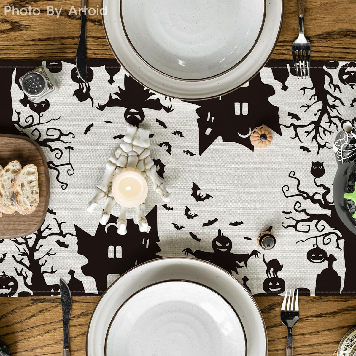 Artoid Mode Black White Spooky Haunted House Tree Ghost Witch Halloween Table Runner, Kitchen Dining Table Decoration for Home Party Decor 13x90 Inch