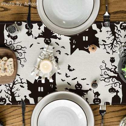 Artoid Mode Black White Spooky Haunted House Tree Ghost Witch Halloween Table Runner, Kitchen Dining Table Decoration for Home Party Decor 13x90 Inch