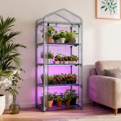 SUNYRISY Indoor Greenhouse with Grow Lights, 4 Tier Mini Small Greenhouse Kit with Zippered PVC Tent Cover for Indoor Garden Seed Starting Tray, 36W Full Spectrum with Timer