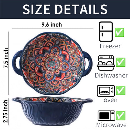 Ronanemon Bohemia Large Bowls with Handle, 40 oz Ceramic Soup Bowl for Salad, Pasta, Cereal,Fruit, Udon, Microwave & Dishwasher Safe (Blue)