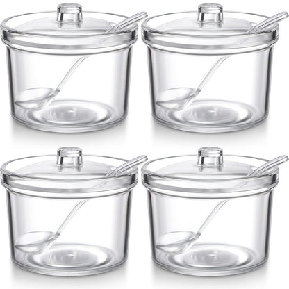 Patelai 4 Pieces Sugar Bowl Acrylic Clear Sugar Bowl with Lid and Salt Spoon Storage Jar with Airtight Lid for Salt, Tea, Spices, Herbs, Condiments(7.1 oz)