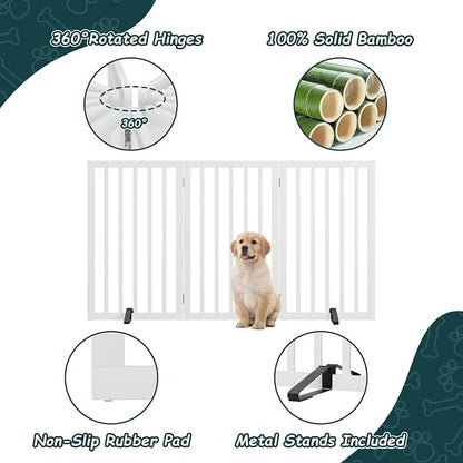 Semiocthome Freestanding Dog Gate 32" Tall, 3-Panel Foldable Dog Gates for Doorways Stairs House, Pet Gate Indoor with 2 Metal Stands, White
