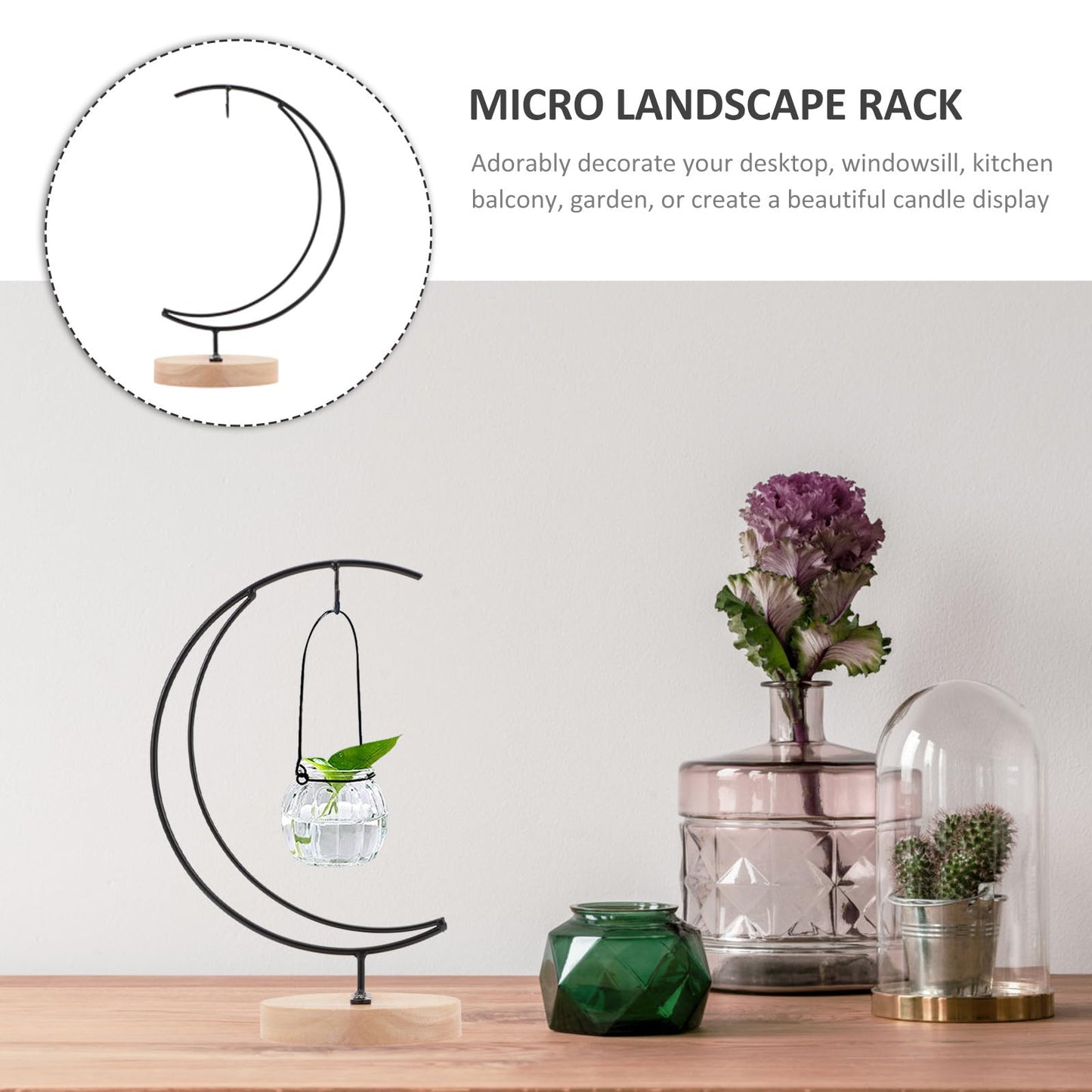 COHEALI Ornament Display Stand Moon-Shaped Iron Hanging Planter Rack Micro Landscape Vase Holder for Home Décor and Hanging Terrariums