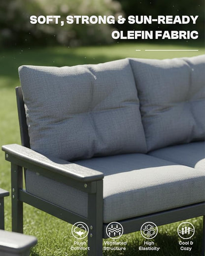 Grey HDPE Patio Sofa Set, 4-Piece Sectional Outdoor Patio Furniture Set, All Weather Outdoor Couch Set with Coffee Table & Washable Thick Cushions for Balcony, Porch, Poolside