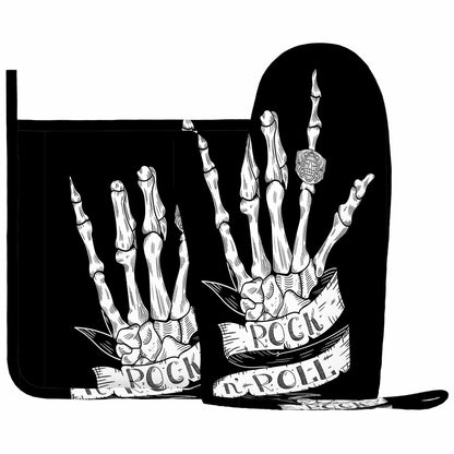 Mxocom Skeleton Oven Mitts and Pot Holders Sets Hand Rock N Roll Sign with Typography on Ribbon Black Silicone Heat Resistant Kitchen Oven Gloves Pot Holder for Cooking