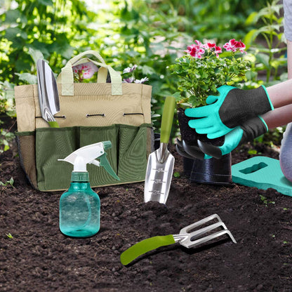 Garden Tools Set with 3 Aluminum Gardening Tools, 1 Pruning Shear, 1 Mister Spray Bottle, 1 Foam Kneeler，1 Garden Gloves with Claws and 1 Gardener Bag, Gifts for Mom Dad