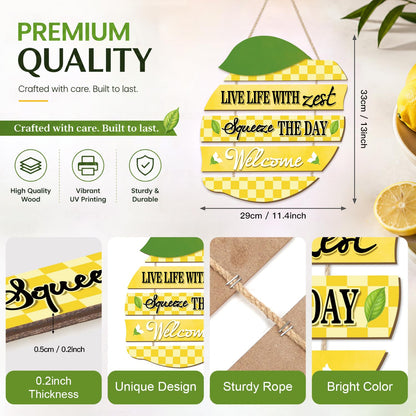 HOURIA Summer Lemon Welcome Front Door Sign Hanging(11.4"x11.5"), Checkered Lemon Wreath Rustic Wooden Wall Decor,Funny Welcome Decorations for Classroom Porch Home Kitchen,Housewarming Gift