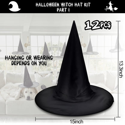 LINAYE Witch Hat XXL Kit - Halloween Decorations Including 12 PCS Black Witch Hats, 16 PCS 3D Bats, Spider Web, Creepy Cloth, Hanging Rope - Costume Headwear