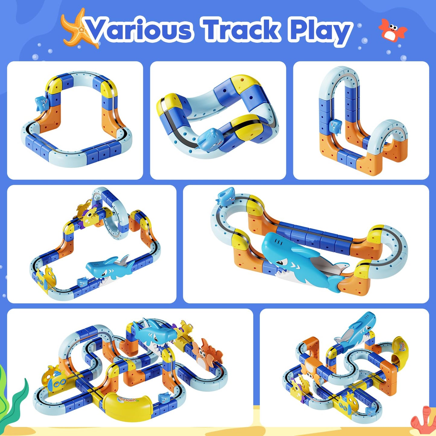SnapGlowz 193PCS Magnetic Train Set: Shark Toys 3D Infinity Racer Electric Train Set for Kids Flexible Cube Rail Train Track with Anti-Gravity Train STEM Toys Gifts for 3 4 5 6 7 8 Year Old Boys Girls