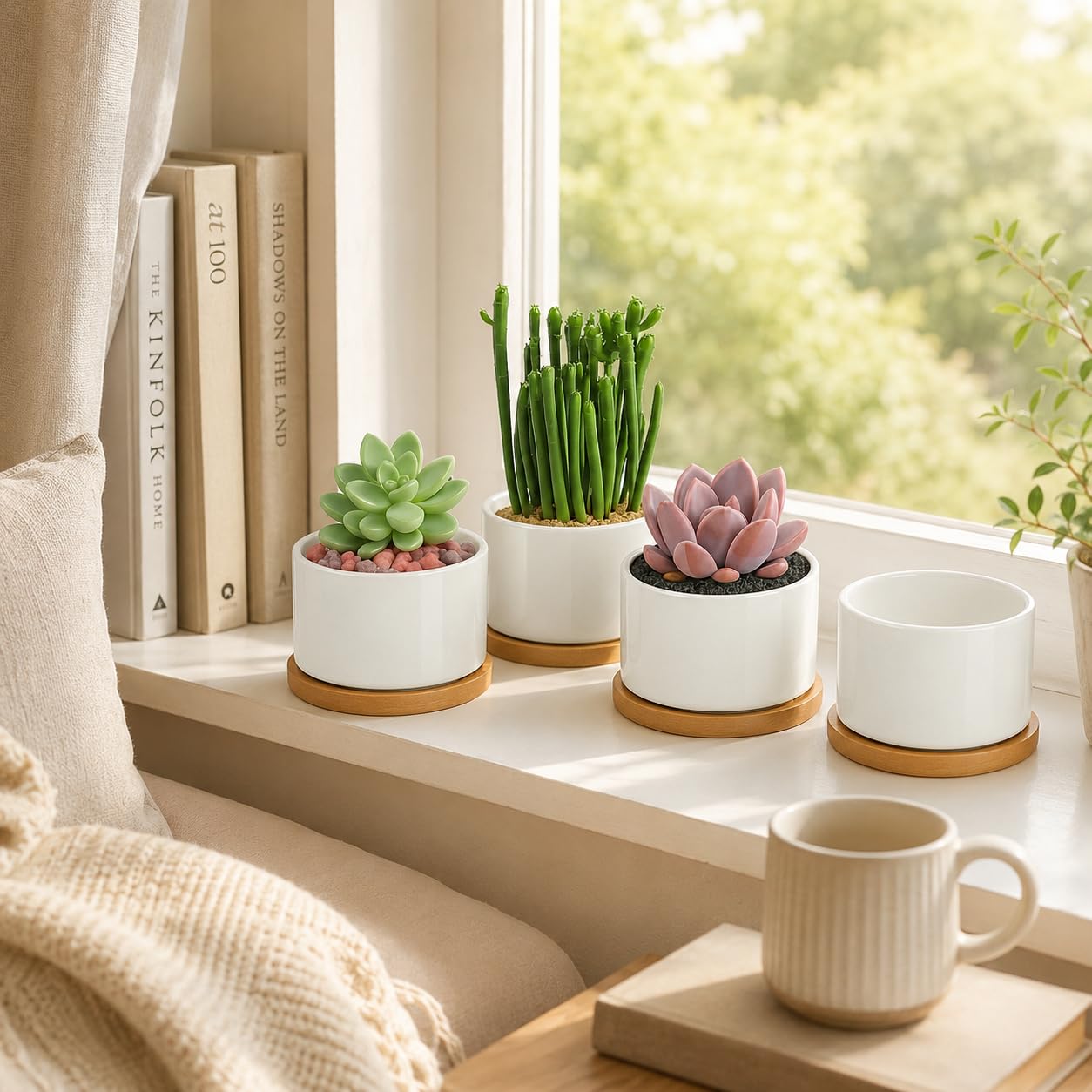 ZOUTOG Ceramic Succulent Pots,3.6 Inch Plant Pots,Succulent Planters with Drainage Hole & Bamboo Tray for Indoor Plants,White Small Flower Planters for Home,Office,Desk(6 Pack)