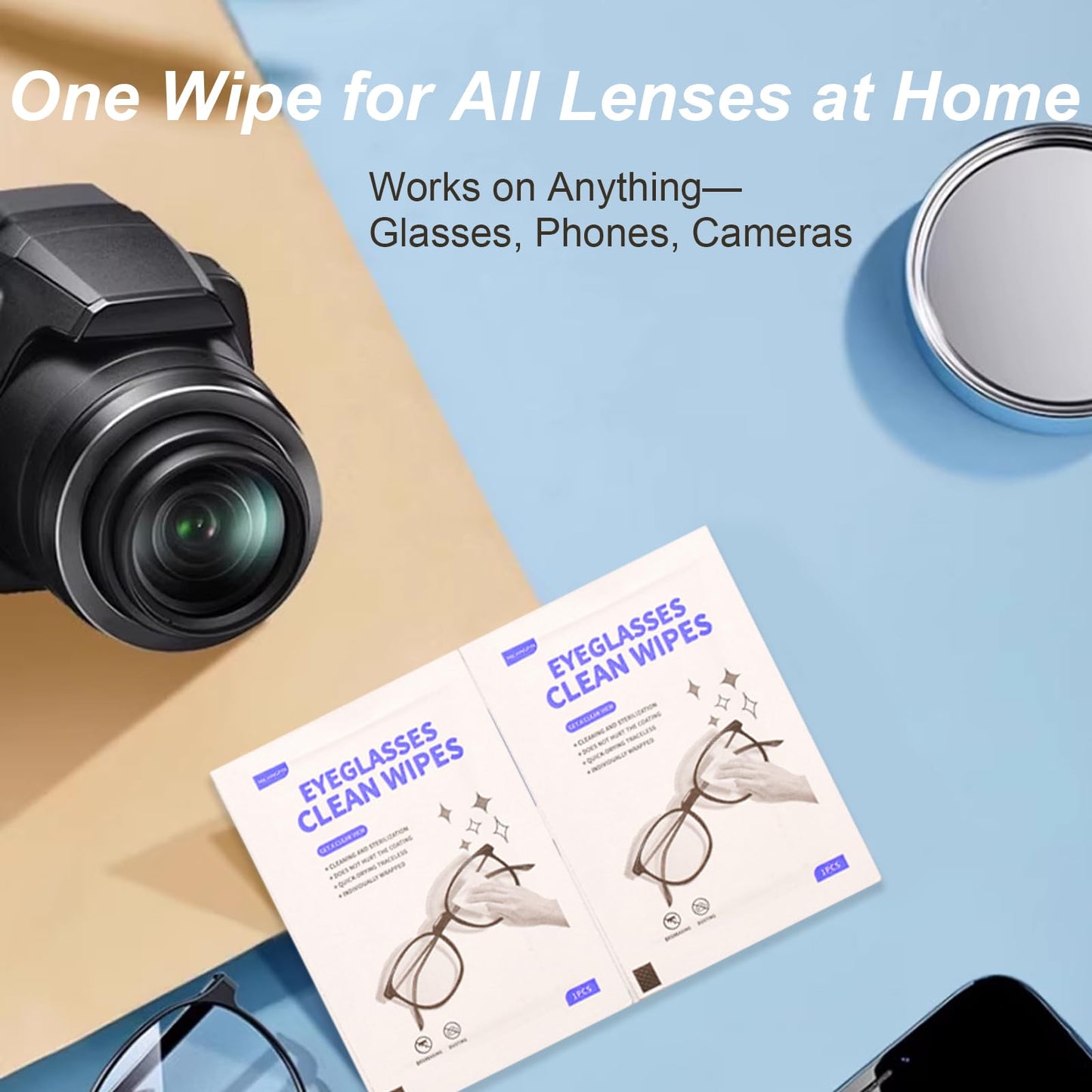 Disposable Lens Cleaning Wipes, Large 4.7" x 5.9" Size, 200 Count (2 Packs of 100), Multi-Purpose Cleaning Cloths for Glasses, Screens, Camera Lenses