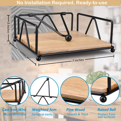 Aeibun Metal Napkin Holder for Table with Weight Arm - Flat Paper Napkins Holders for Kitchen Table with Wooden Base, Farmhouse Tissue Holder Dispenser for Cocktail, Bathroom, Party, Room Decor