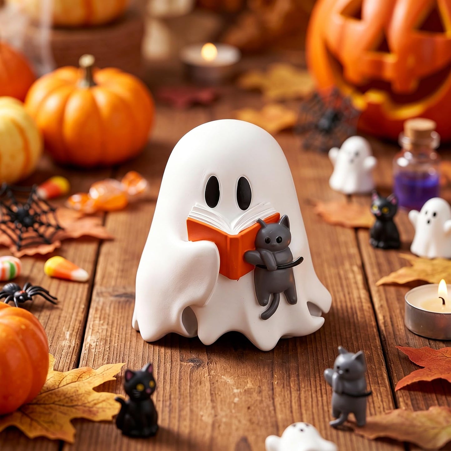 Vicenpal Halloween Ghost Reading Book with Cat Figurine Resin Spooky Tabletop Decor for Indoor Home Office Bookshelf Coffee Table Centerpieces Party Props