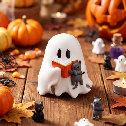 Vicenpal Halloween Ghost Reading Book with Cat Figurine Resin Spooky Tabletop Decor for Indoor Home Office Bookshelf Coffee Table Centerpieces Party Props
