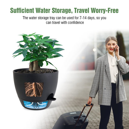 UOUZ 12 inch Large Self Watering Pots, Plastic Planters with 60oZ Removable Deep Reservoir and Multi Mesh Drainage Holes for Indoor Outdoor Garden Plants and Flowers, Black