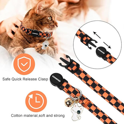 2 Pack Fall Cat Collars Breakaway with Bell, DOGWONG Safety Buckle Orange Plaid Halloween Cute Cat Collar for Girl Boy Cats，Adjustable 7-12 Inch