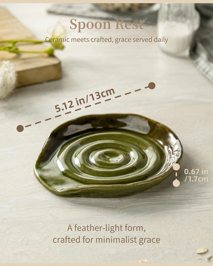 Besmeety Ceramic Spoon Rest for Stove Top, Spoon Holder for Kitchen Counter, Spatula Rest, Farmhouse Utensil Holder (Kiln Green)
