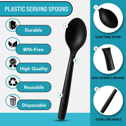 10" Black Plastic Serving Spoons for Buffet, Bulk 12 Count, Heavy Duty Disposable Spoon, Large Plastic Serving Utensils for Catering Supplies, Events, Party, Weddings & More - C&S Event Supply Co.