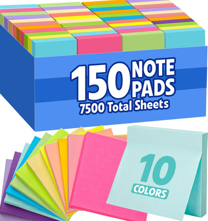 150 Pads Sticky Notes 3x3, Self-Stick Pads Bulk Bright Colors, School Supplies, Office Products, 50 Sheet/Pad