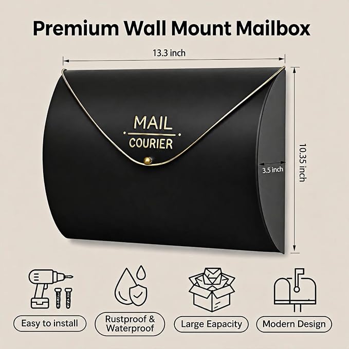 Black Wall Mount Mailbox for Outside,Waterproof Metal Mailboxes with Rust-Proof Galvanized Steel,Large Capacity Envelope Mailbox for House,12.99 x 10.35 x 3.5 Inch