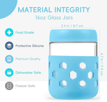 MICEBAY 16oz Overnight Oats Containers with Silicone Sleeves, 4-Pack Wide Mouth Glass Mason Salad Jars with Airtight Lids, BPA-Free Dishwasher Safe Leak-Proof Chia Seed Pudding Jar Meal Prep Container