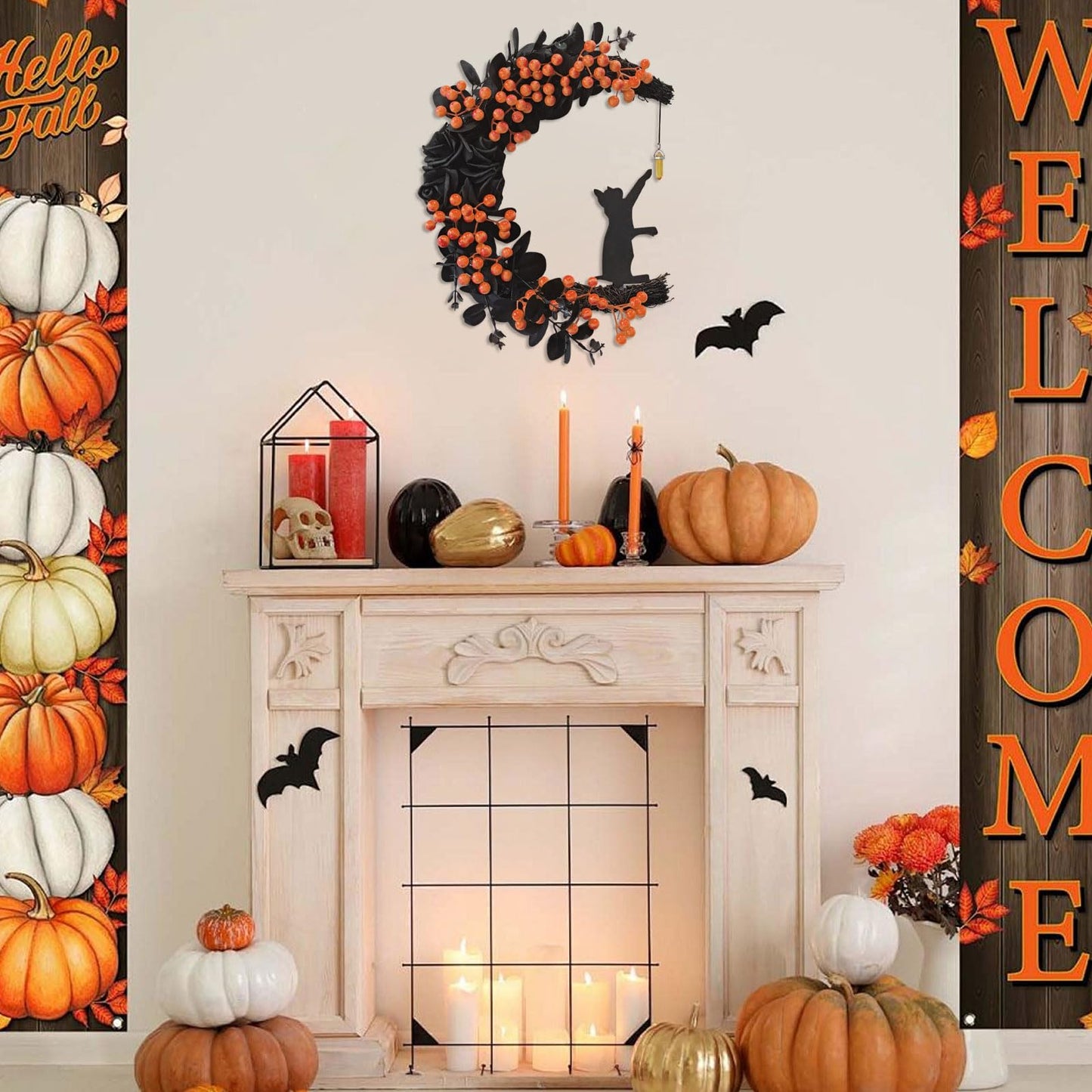 Halloween Decor, 2026 New Spooky Halloween Wreath with Lights, Black Cat Crescent Moon Design, Indoor Outdoor Front Door Wall Decor for Halloween Party