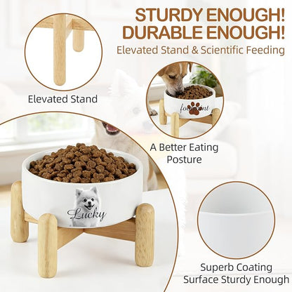 2 Pack Custom Ceramic Dog Bowl, Personalized Food & Water Dish with Photo Name, Cat and Dog Food Bowl with Wood Stand Non-Slip Matte Glaze Weighted