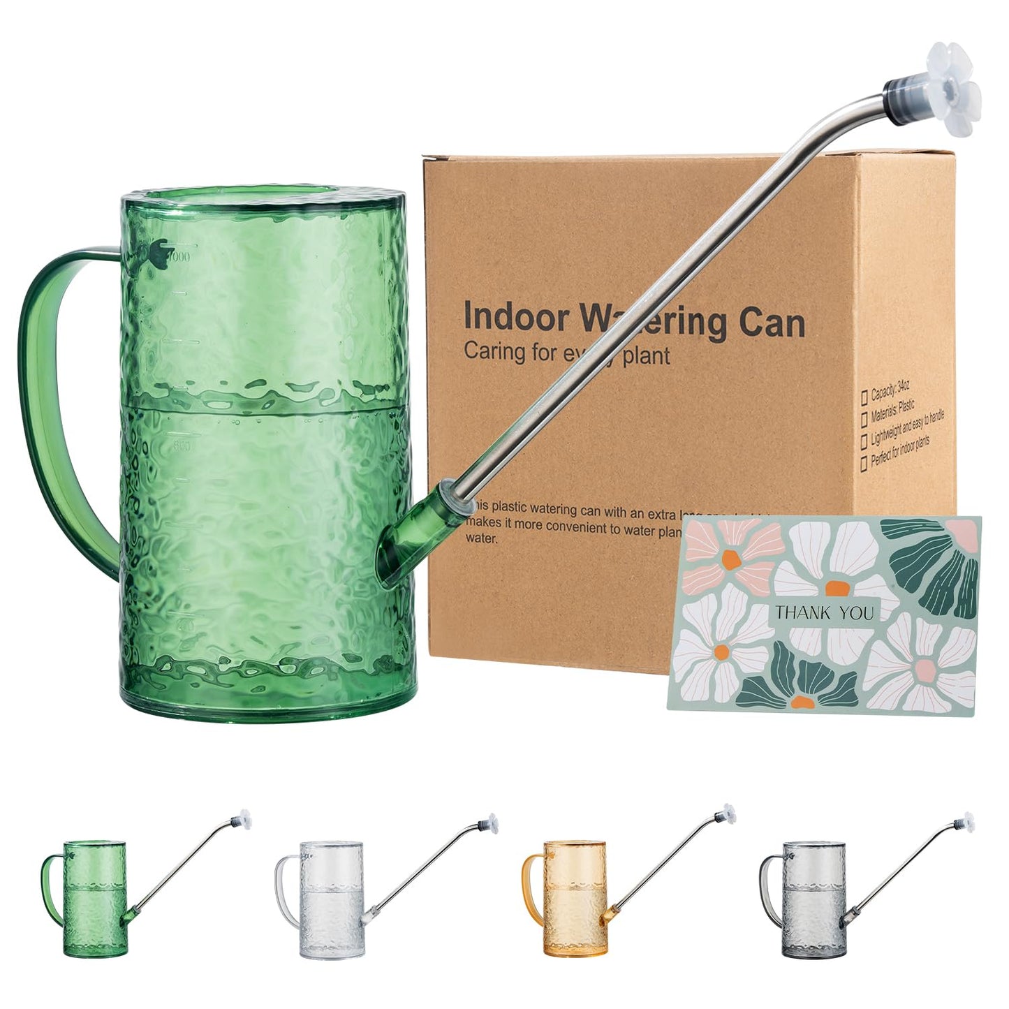 Watering Can for Indoor Plants, Water-Ripple Design Small Plastic Plant Watering Can with Long Spout and Detachable Shower Head for Houseplants, Flowers, and Succulents, 34oz, Forest Green