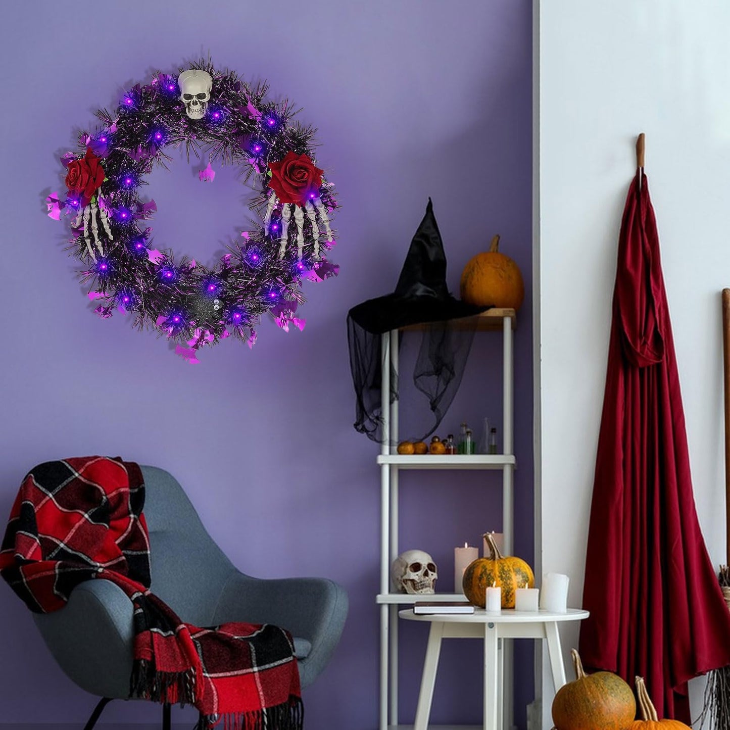 Halloween Wreath for Front Door with Lights,13 Inch Skull Wreath Halloween Decorations for Indoor Window Party Holiday Wall Home Decor (Rose and Skull)