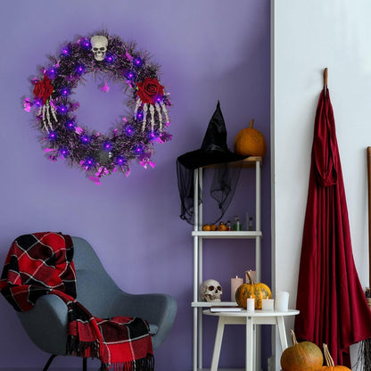 Halloween Wreath for Front Door with Lights,13 Inch Skull Wreath Halloween Decorations for Indoor Window Party Holiday Wall Home Decor (Rose and Skull)
