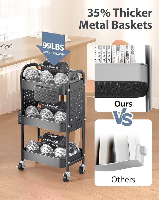 ALVOROG 3 Tier Rolling Cart with DIY Pegboards Metal Utility Cart with Wheels Handles Baskets Hooks, Storage Cart for Office Kitchen Bathroom(Gray)