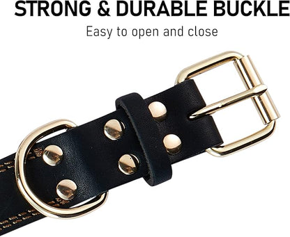Genuine Leather Dog Collar, Heavy Duty Wide Dog Collar for Small, Medium, Large and Extra Large Dog (L: 1.2" Wide for 16.2"-22" Neck, Single Stitch - Black)