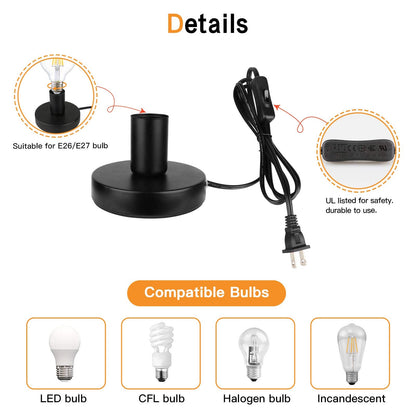 Helunsi Industrial Table Lamp Base, E26 E27 Lamp Base Without Shade, Mini Short Desk Lamp Exposed Bulb Base, Simple Metal Edison Light Bulb Stand, with 5.8ft Cord Switch Plug Bulb Base Holder (Black)