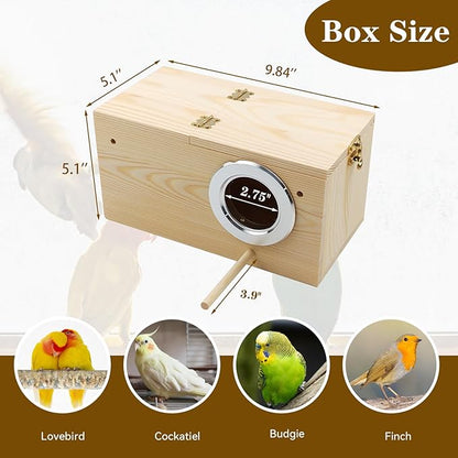 Natural Wood Bird Nesting Box,Acrylic Parakeet Nesting Box Transparent Cockatiel Nest House with Perch Wooden Parrot Nest for Lovebird Budgie Conure Canary Finch(Medium)