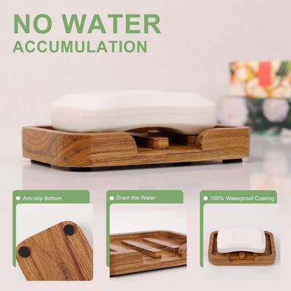 2PCS Self Draining Soap Dish by HTB,Teak Wood Soap Holder,Soap Saver for Shower, Bathroom, Sink, Kitchen and Countertop