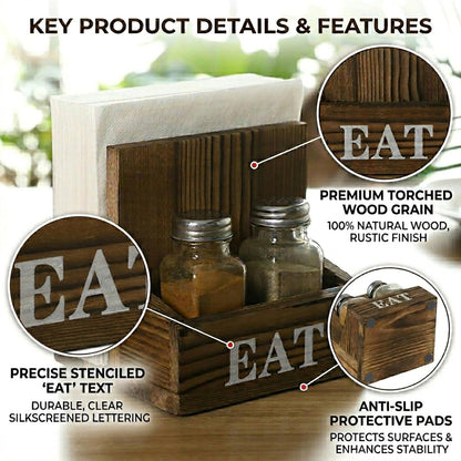 Napkin Holder with Salt and Pepper Shakers Holder for Home Kitchen Table Centerpiece and Commercial Decor, Rustic Solid Burnt Wood & Bold White Printed EAT Design