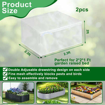 2 Pack Garden Netting for Raised Beds, Fine Mesh Bird Netting Barrier Screen with Zipper Drawstring Garden Bed Plant Cover for Protect Vegetable Fruits Crop from Animals Pest Insect, 2.3×2.3×2Ft
