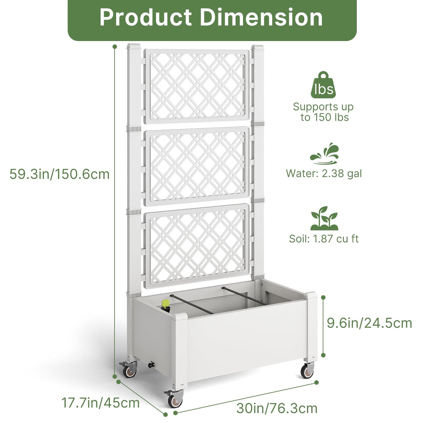 Miory 60" Raised Garden Bed with Trellis & Wheels, Vertical Gardening Planter Box with Water Level Indicator and Drainage System for Garden Outdoor Patio Balcony
