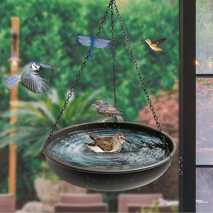 Hanging Bird Bath for Outside,11" Metal Bird Feeder Birdbath Bowl with 13.5" Rust-Proof Black Chains for Garden Backyard Decor with Magnetic Dragonfly Decor Dark Curry