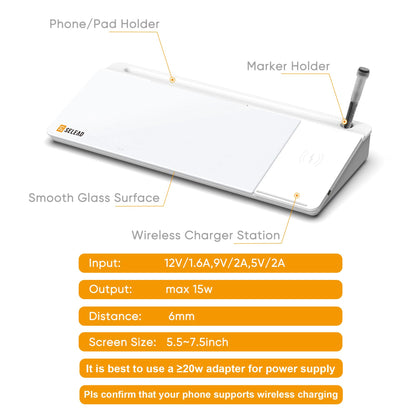 SELEAD Desktop Glass Whiteboard with Wireless Charger Station & Built-in Mirror, Dry Erase Board Computer Pad Keyboard Stand with Organizer for Home, School, Office Desk Accessories, White