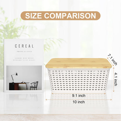6Pcs Storage Bins with Lids, Stackable Plastic Storage Basket with Bamboo Lid, Pantry Organizer Box Small Containers for Organizing Shelves Drawer Desktop Closet Cabinet Office Classroom 10x7.1x4.1in