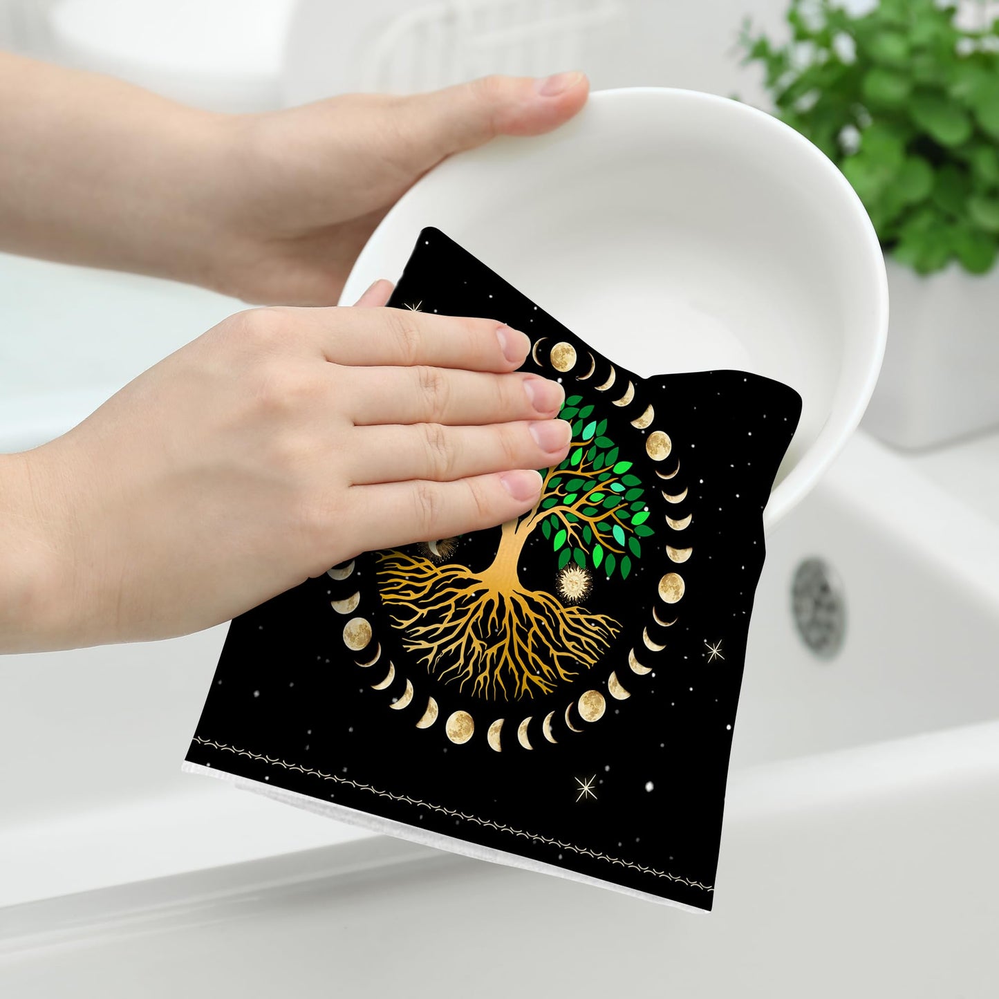 Wovoto Black Kitchen Dish Towel Set of 2, Ancient Life Tree Decorative Tea Towels Hand Towels for Kitchen Bathroom Farmhouse Bar Decor, Moon Luna Hippy Decor Drying Cloth