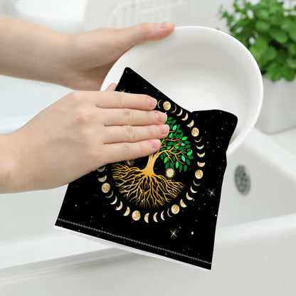 Wovoto Black Kitchen Dish Towel Set of 2, Ancient Life Tree Decorative Tea Towels Hand Towels for Kitchen Bathroom Farmhouse Bar Decor, Moon Luna Hippy Decor Drying Cloth