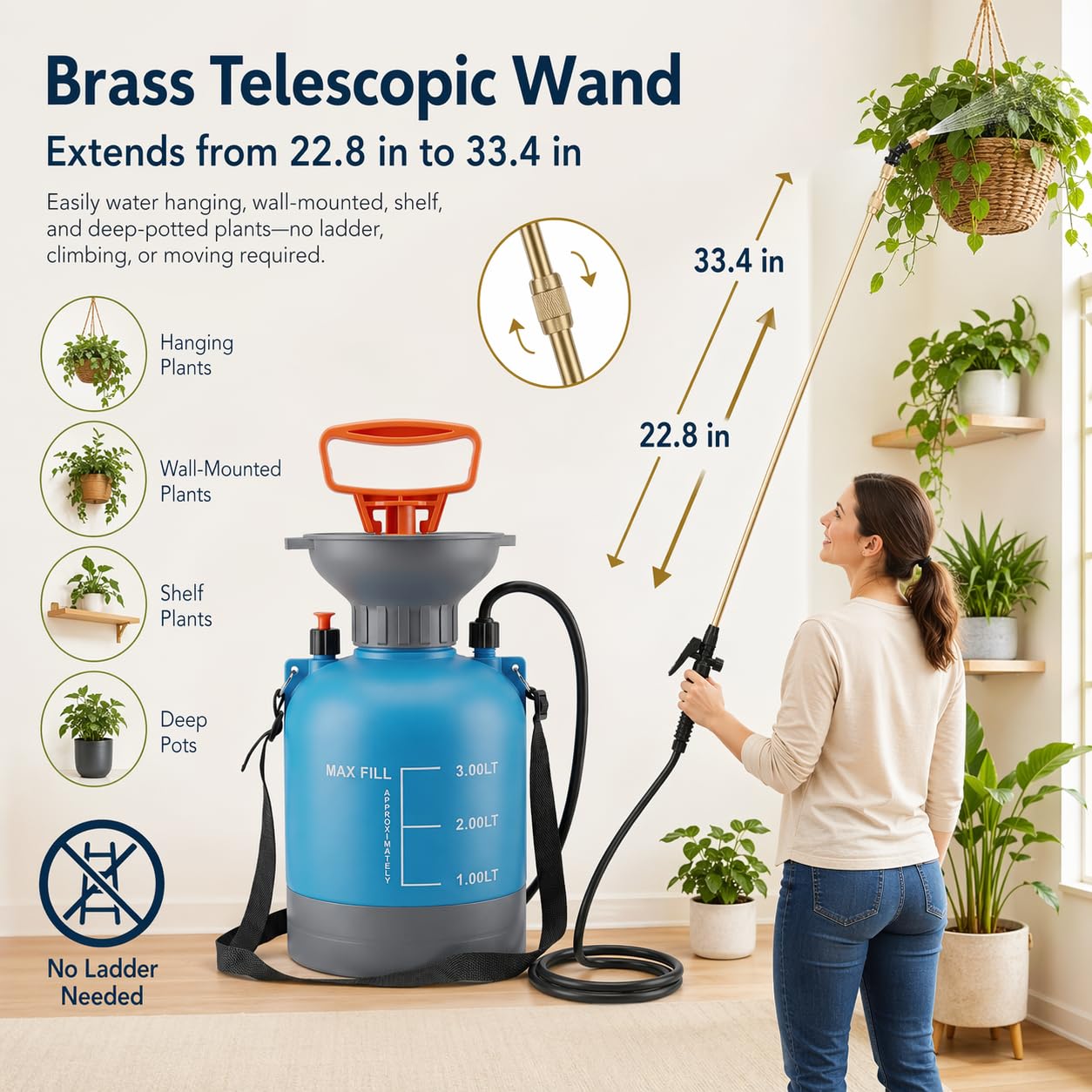 3L Blue Hanging Plant Waterer with Telescopic Wand, Long-Reach Watering Can Sprayer for Hard-to-Reach High Baskets & Wall Planters, Indoor/Outdoor Garden Tool