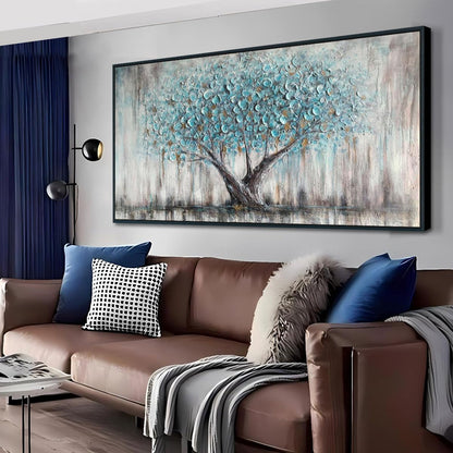 Arjun Tree Wall Art Canvas for Living Room Blue Tree of Life Nature Teal Abstract Textured Painting Picture Modern Panoramic Landscape Artwork Framed Bedroom Home Office Decor, Large Size 40"x20"