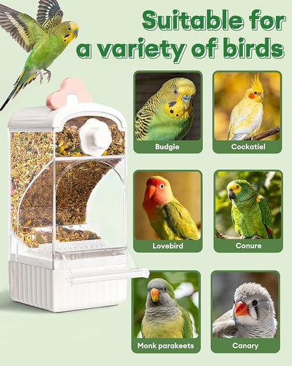Bucatstate Automatic Bird Feeder for Cage, No Mess Self Cleaning, Large Capacity with Waste Drawer, No Installation Required, Parakeet Feeder for Parrots Budgies Cockatiels Canaries (Pink White)