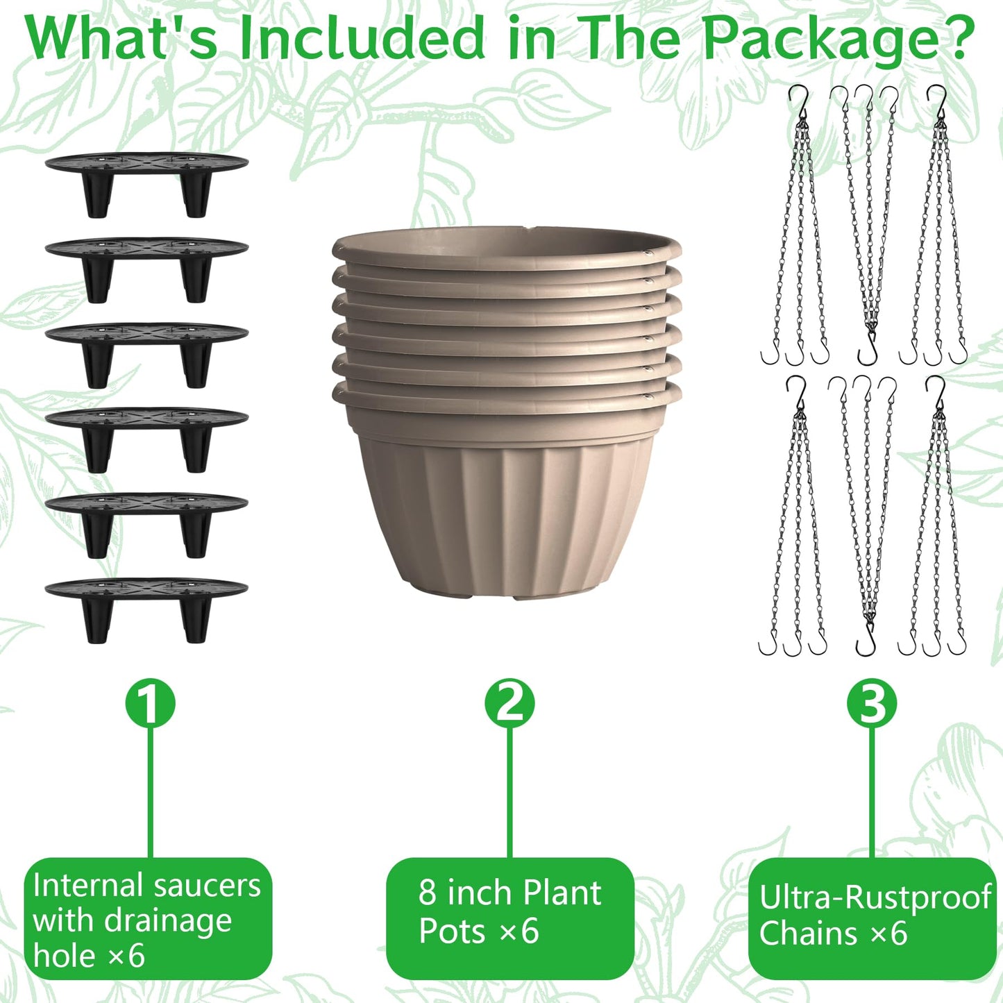 FGstyle 6 Pack Hanging Planters 8 Inch, Self Watering Pots for Indoor Plants, Plastic Hanging Basket with Soil Elevator and 20" Chain for Home Garden Porch Balcony Patio Decor (Beige)